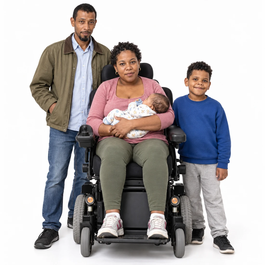 AI-assisted interpretation of a family together, including a mother who uses a wheelchair