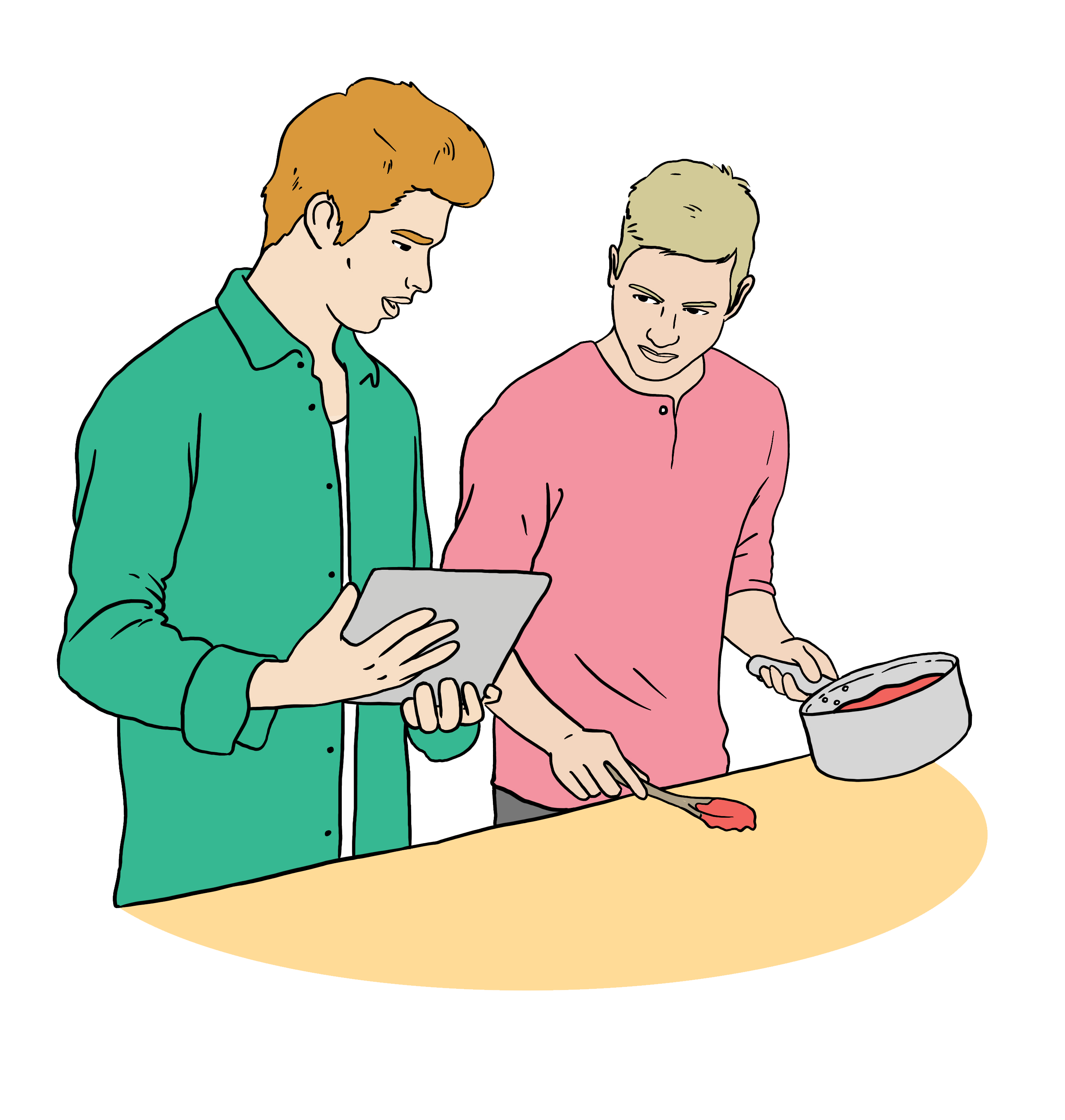 Original CHANGE illustration of two people preparing food using a tablet