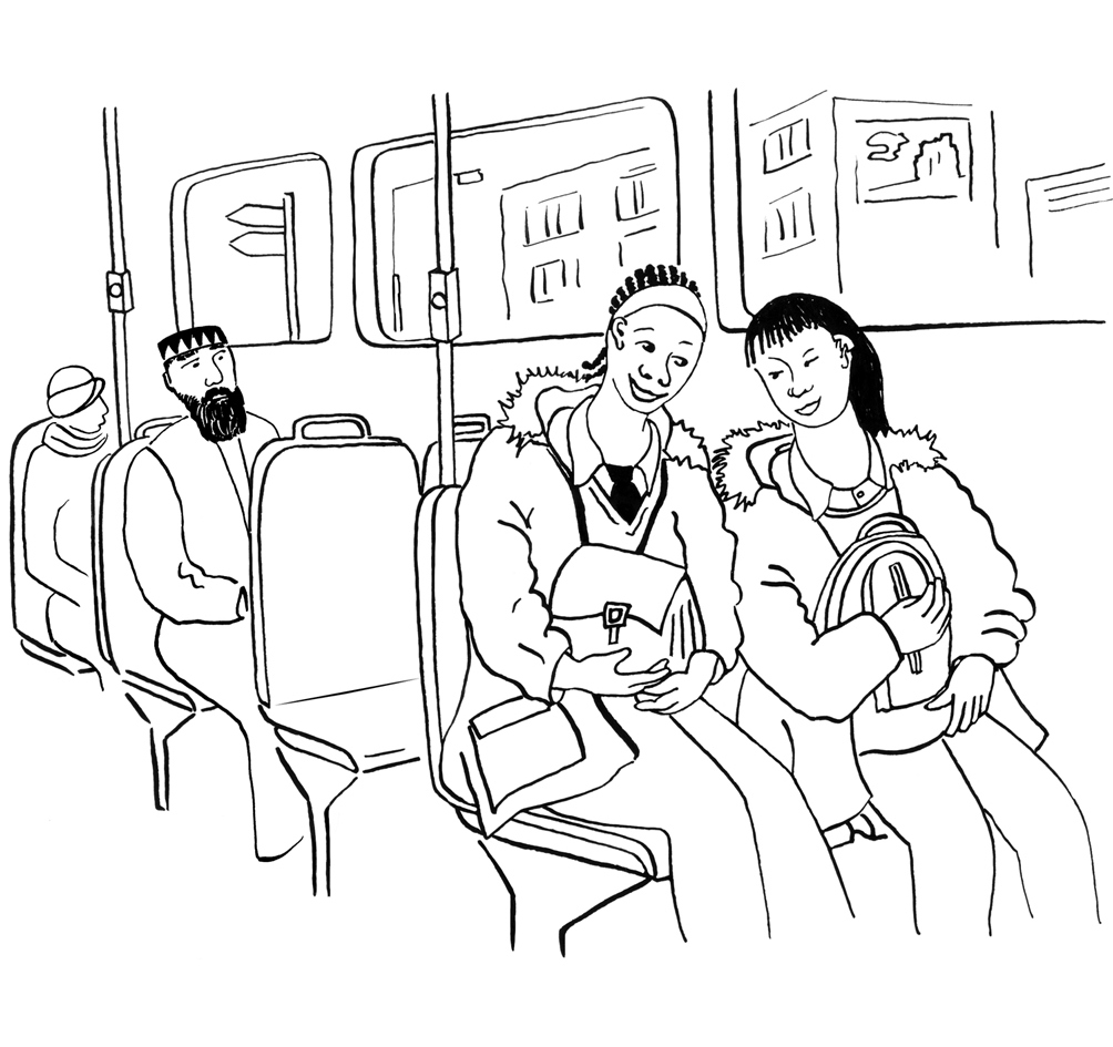 Original CHANGE illustration of friends sitting together on a bus